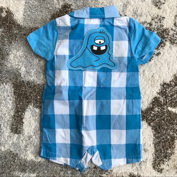 Truly Scrumptious boy 0-3 blue plaid summer romper - Picture 2 of 3